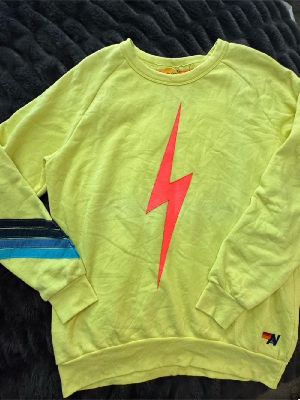 Aviator Nation Neon Yellow Lightning Bolt Sweatshirt with Blue Stripe